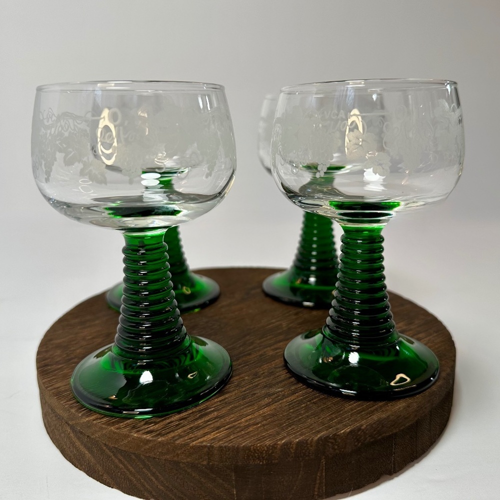 Vintage German Roemer Wine Glasses Set of 4 Green Stems Etched Grapes